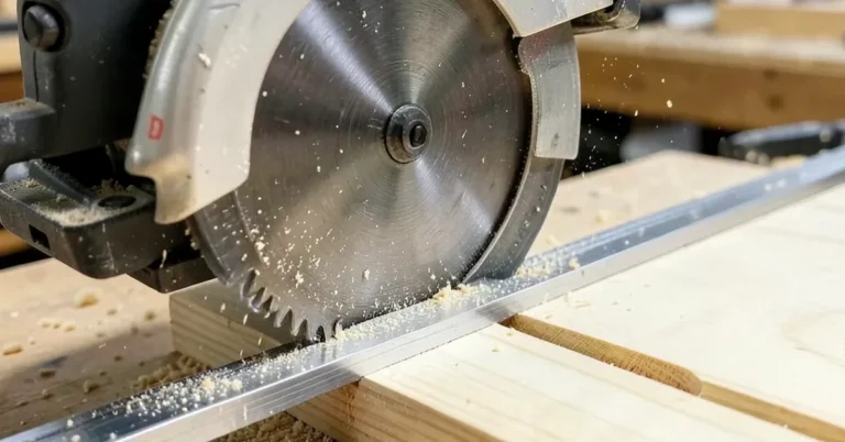 Circular saw cutting a dado groove in wood guided by a straightedge clamp