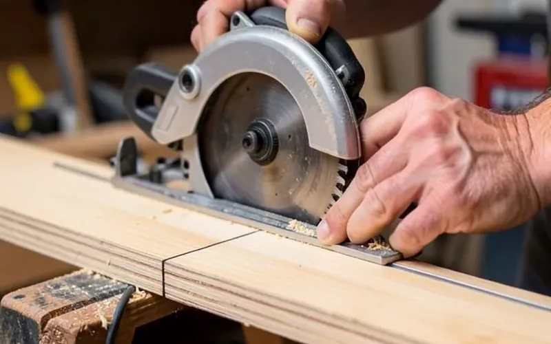 Guiding a circular saw along a straight-edge clamp guide to cut plywood precisely Guiding a circular saw along a straight-edge clamp guide to cut plywood precisely