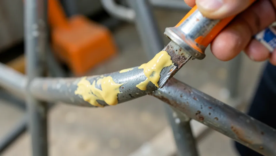 Citrus gel paint stripper applied thick on a metal tube, bubbling the old paint