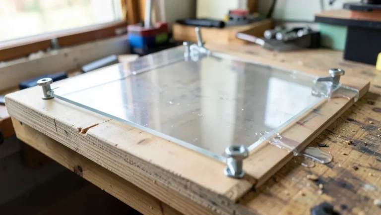 Clamping a plexiglass sheet to a wood board while epoxy adhesive cures