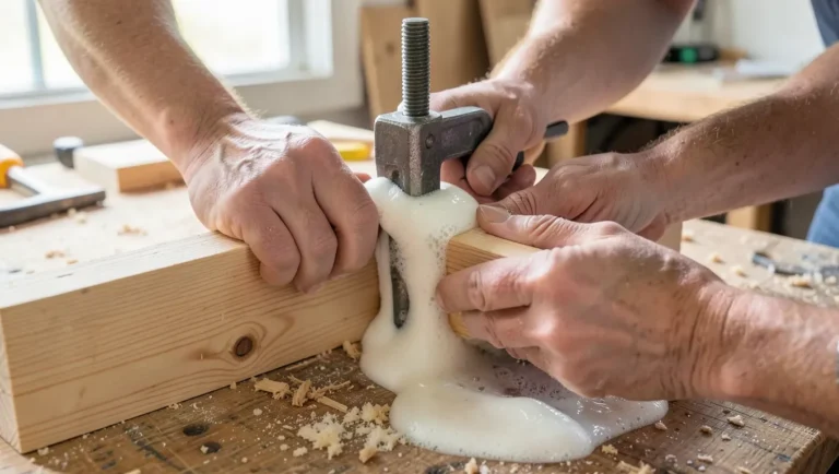 Clamping a glued wood joint while polyurethane adhesive cures and expands