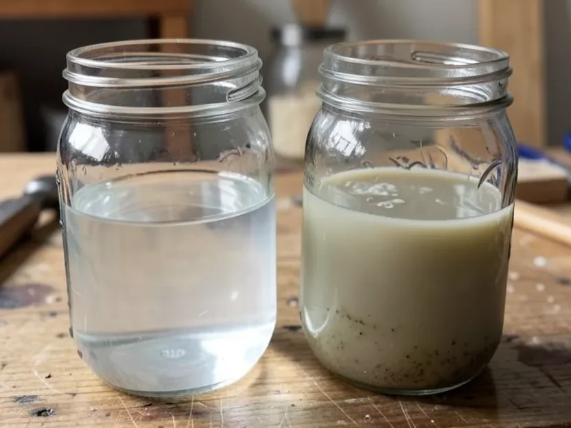 Side-by-side comparison of clear mineral spirits and cloudy reused mineral spirits with settled paint sediment