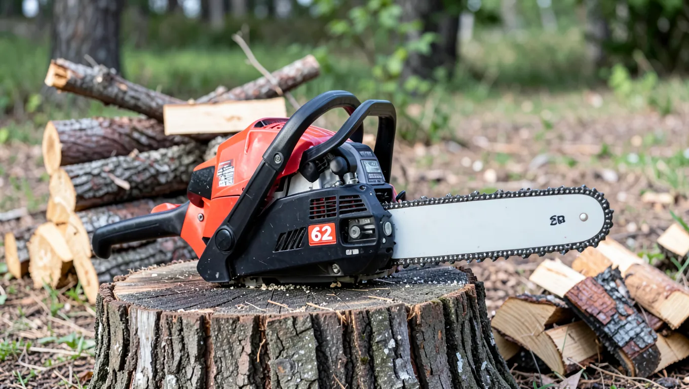 A 62cc gas chainsaw with a 20-inch bar resting on a stump next to cut firewood