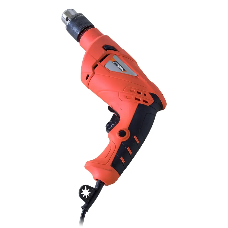 Red corded power drill isolated on white background