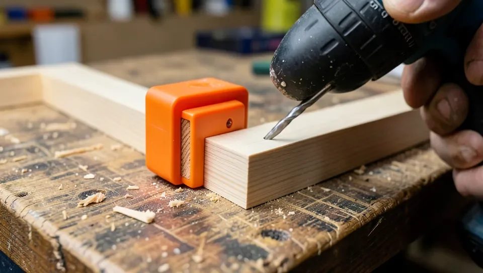 Orange spring-loaded corner clamp holding a mitered wood joint square while a pilot hole is drilled