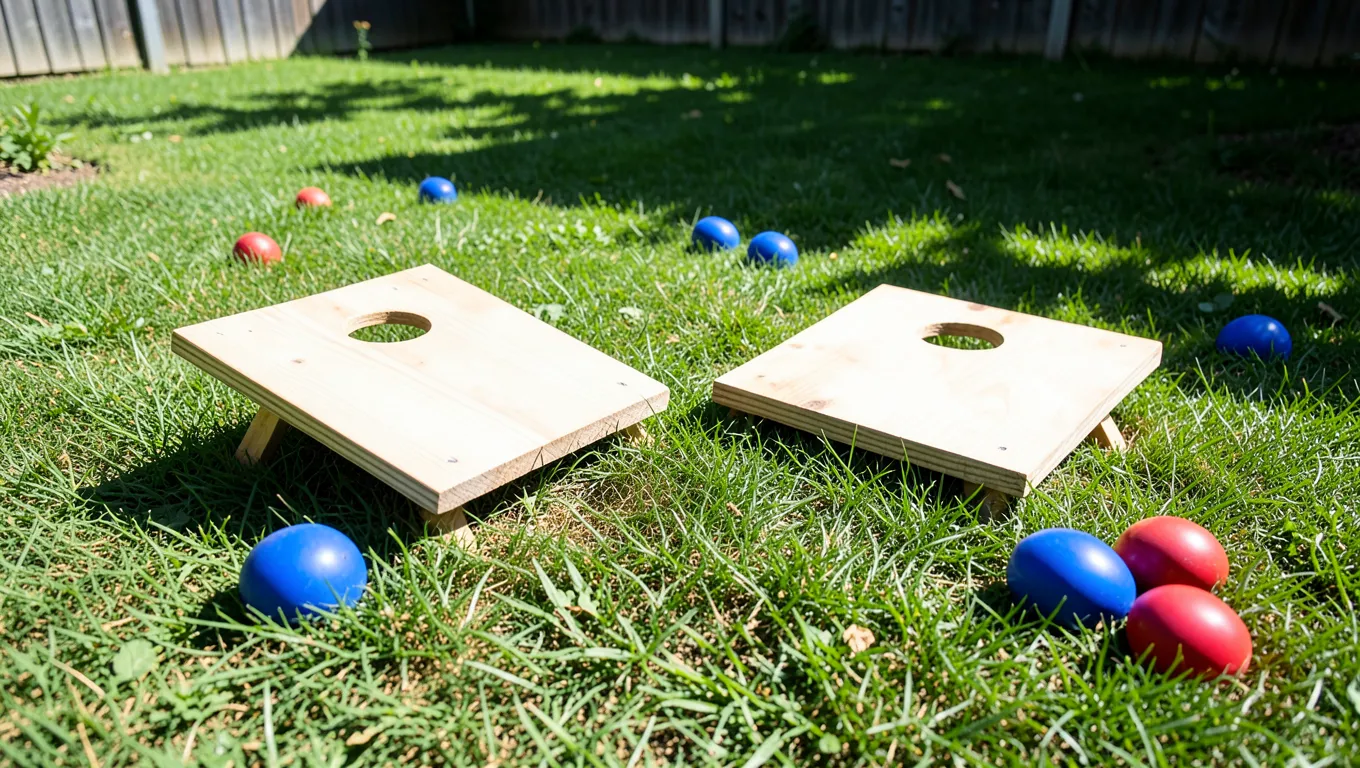 Two regulation cornhole boards set up low and angled on grass in a backyard with bean bags nearby