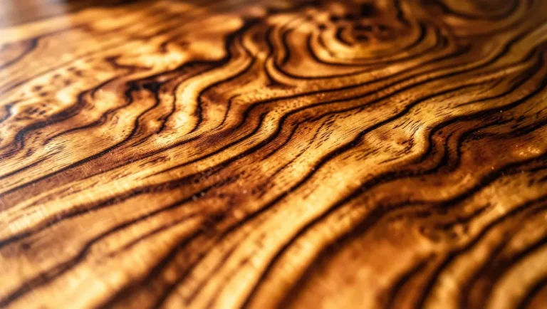 Extreme close-up of curly maple wood grain showing dramatic chatoyance and figure under raking light