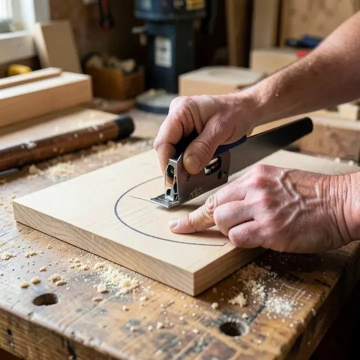Cutting a marked curve with a jigsaw Hands guiding a jigsaw along a curved pencil line marked on a wooden board