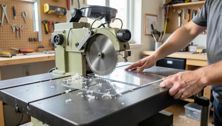 Woodworker feeding a clear acrylic sheet into a table saw blade in a home workshop