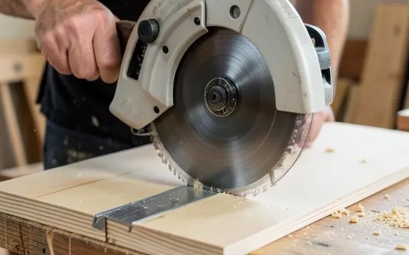 Circular saw guided by a clamped straightedge cutting a thin sheet of plywood Circular saw guided by a clamped straightedge cutting a thin sheet of plywood