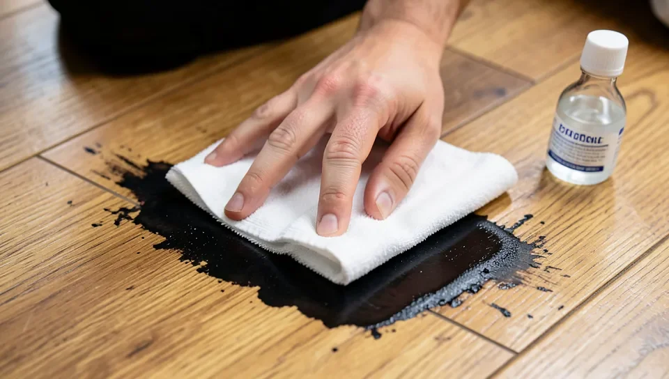 Dabbing an ink stain on a wood floor with rubbing alcohol on a cloth