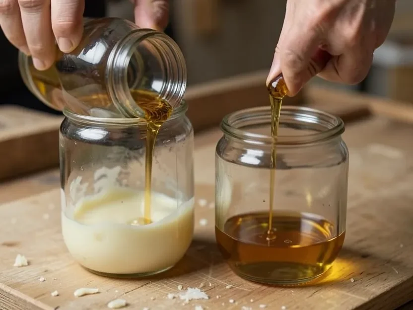 Decanting clear dewaxed shellac liquid off the settled wax sediment into a second jar