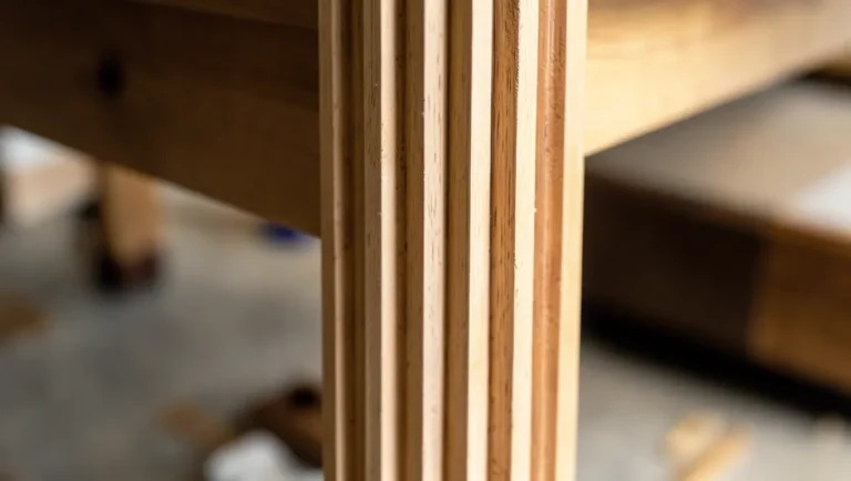 Close-up of decorative flutes routed into a solid wood table leg
