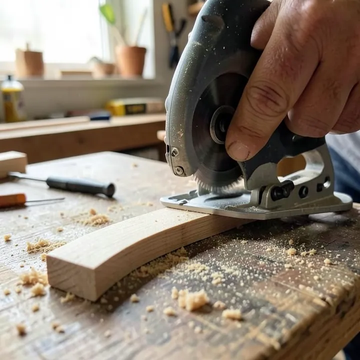 Scroll saw blade cutting a curved piece of wood on a dusty table