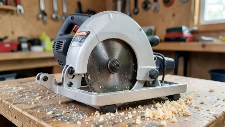 Close-up of a miter saw head-lock mechanism in a home workshop