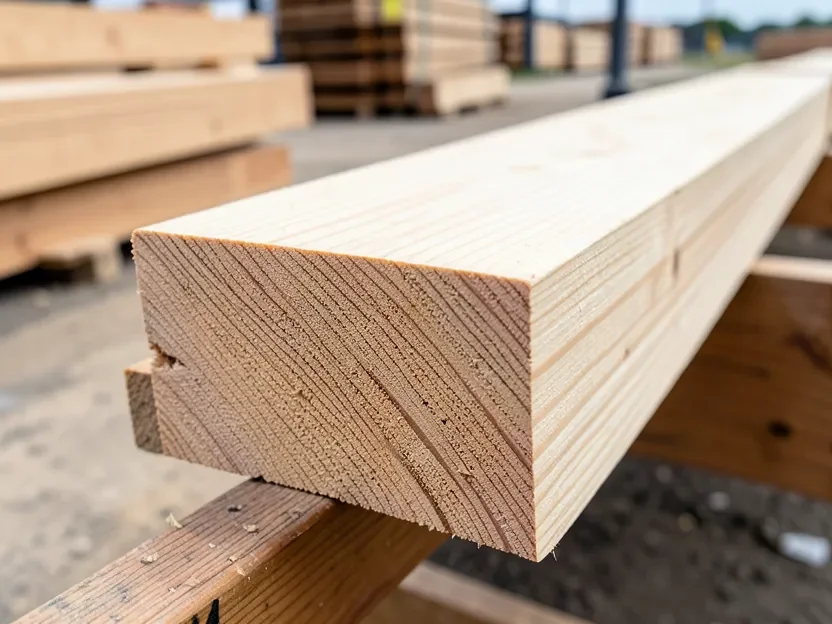 Stack of dimensional 2x4 lumber at a lumber yard showing the true cross-section size