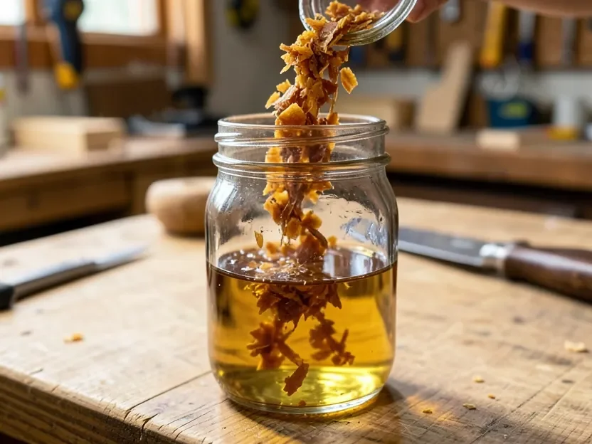 Dry shellac flakes being dissolved into a jar of denatured alcohol before dewaxing