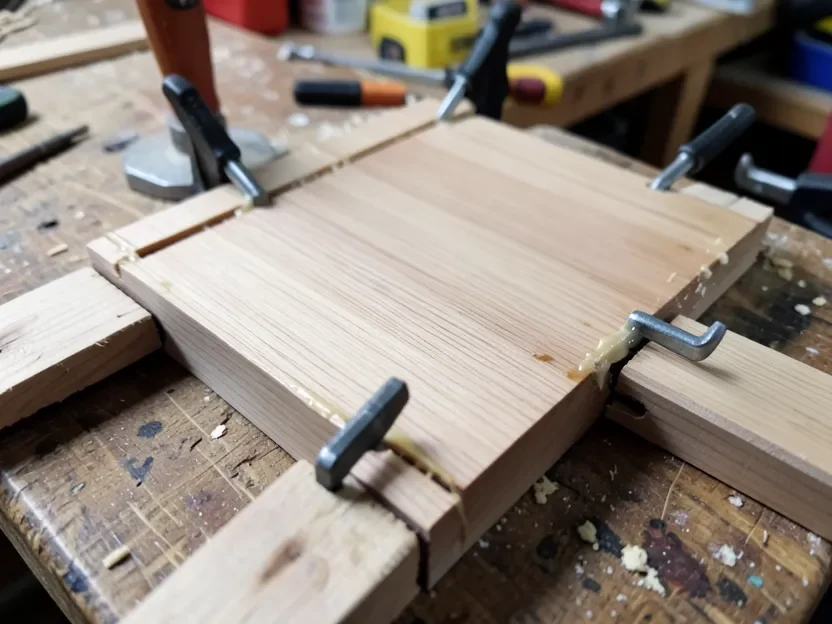 Homemade veneer panel clamped between caul boards during gluing
