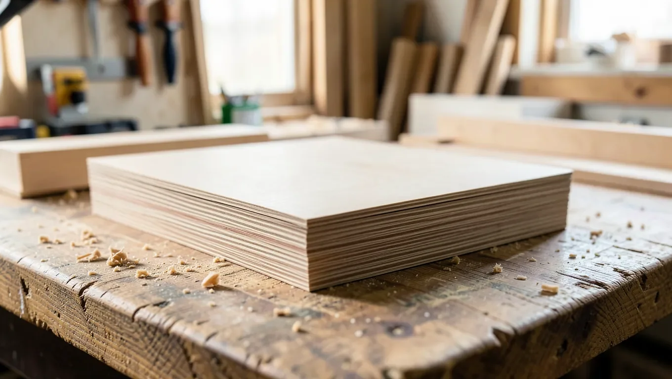 Stack of cross-grain wood veneer sheets ready for gluing into homemade plywood
