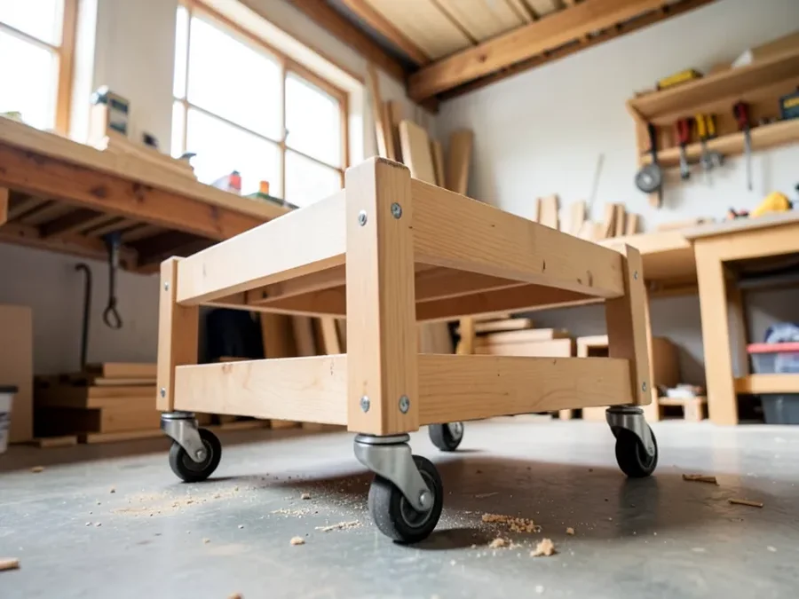 Finished wood shop cart rolling on four plate-mount caster wheels