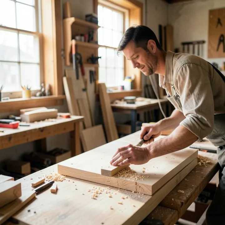 Woodworker clamping a glued wood joint on a workbench
