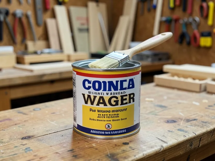 Can of wood varnish with a paintbrush on a workbench