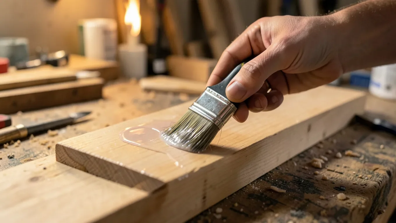 Applying varnish to a wood plank with a brush
