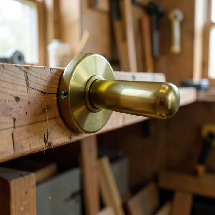 Brass door lever handle with visible set screw mounting collar