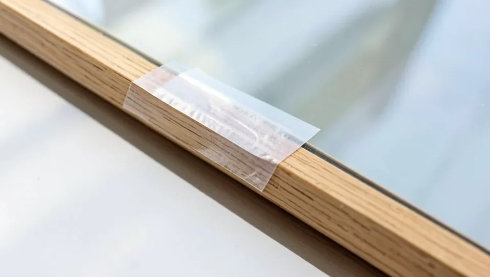 Applying double-sided mounting tape to a wood frame before attaching plexiglass