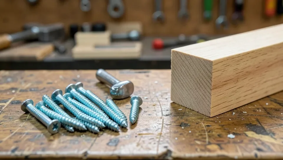 Assorted machine screws of different lengths next to a drawer pull and a piece of wood showing drawer front thickness