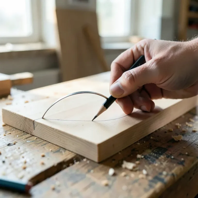 Hand bending a flexible curve ruler against a wooden board while tracing a pencil line