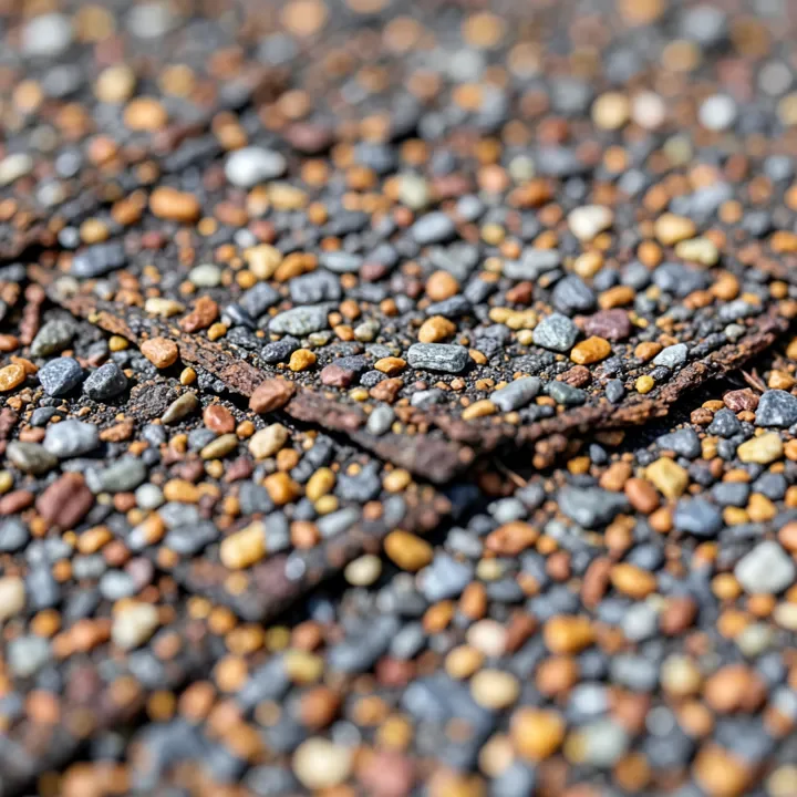 Close-up of driftwood-colored asphalt shingle granules showing the blended brown and gray tones