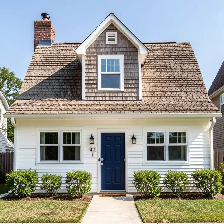 A house exterior pairing driftwood-colored roof shingles with white siding and a navy front door