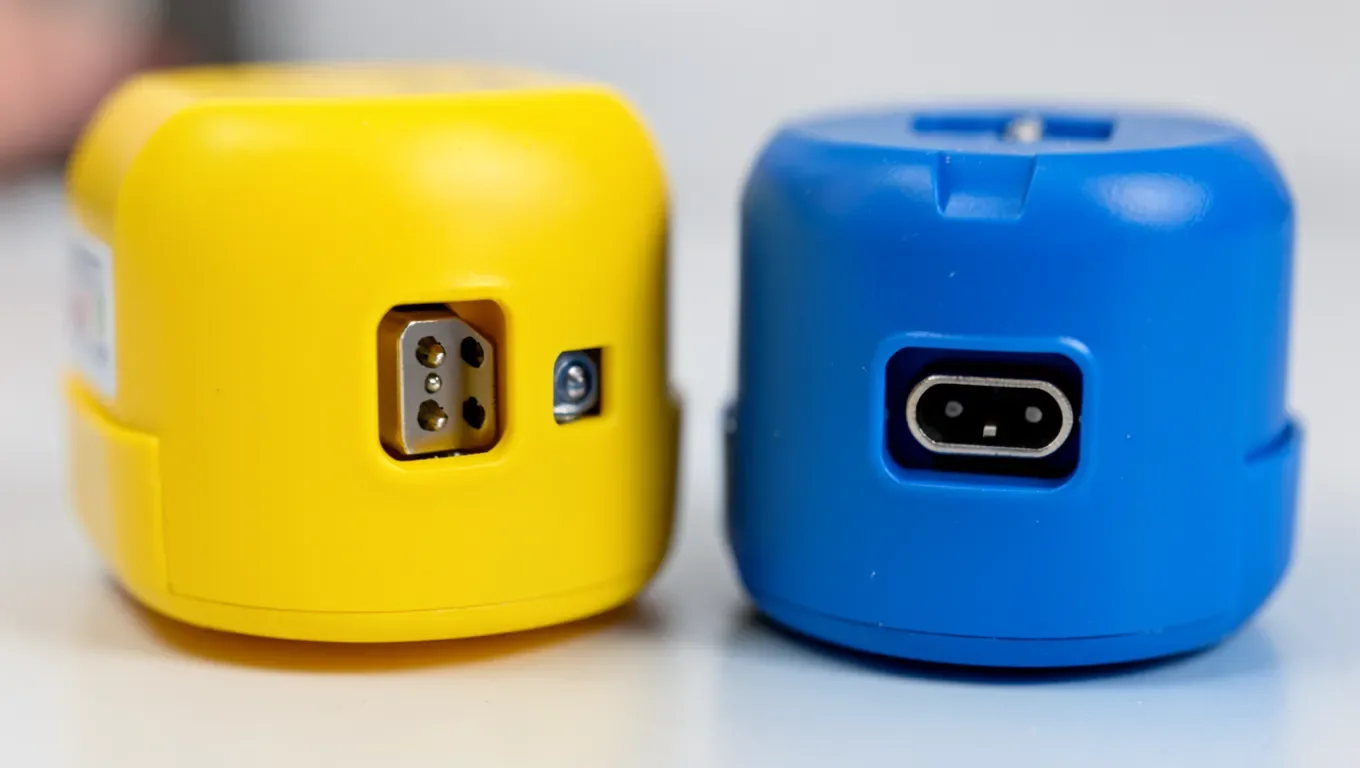 Two different cordless drill battery packs with different connector shapes side by side