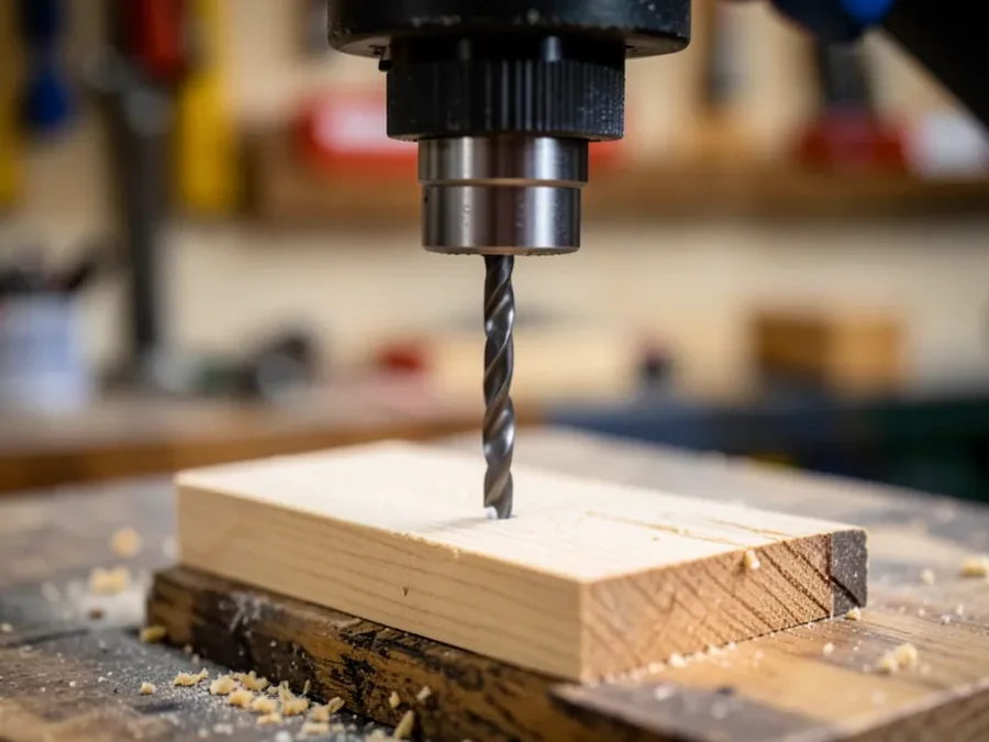 Drill press chuck holding a Forstner bit, illustrating chuck capacity limits on drill press sizing