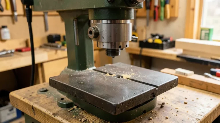 Benchtop drill press on a workbench, used to illustrate how to choose the right drill press size