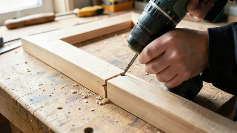 Drilling a pilot hole into a mitered wood corner joint before driving a screw