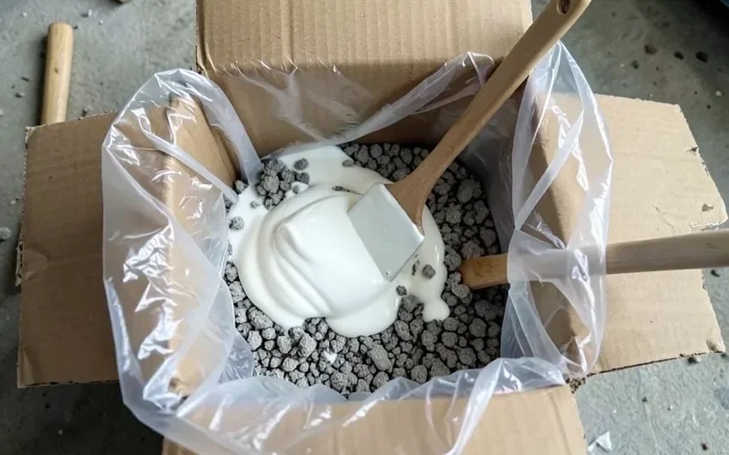 Drying out latex paint with cat litter before trash disposal Mixing leftover latex paint with cat litter in a lined cardboard box to dry it for trash disposal
