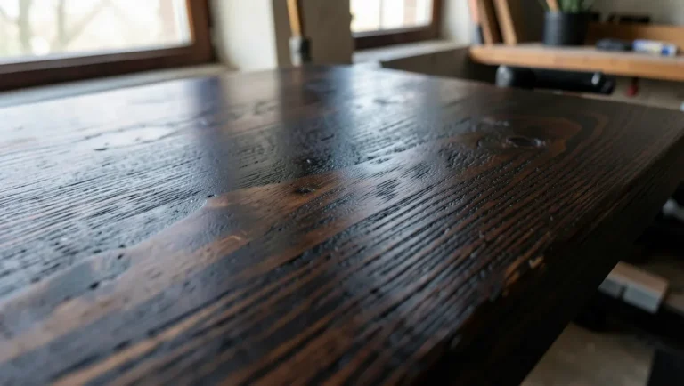 Close-up of ebonized black walnut wood showing dark grain from the iron-acetate reaction