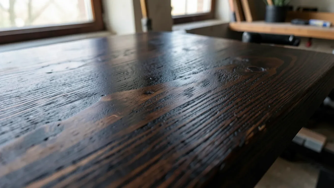 Close-up of ebonized black walnut wood showing dark grain from the iron-acetate reaction