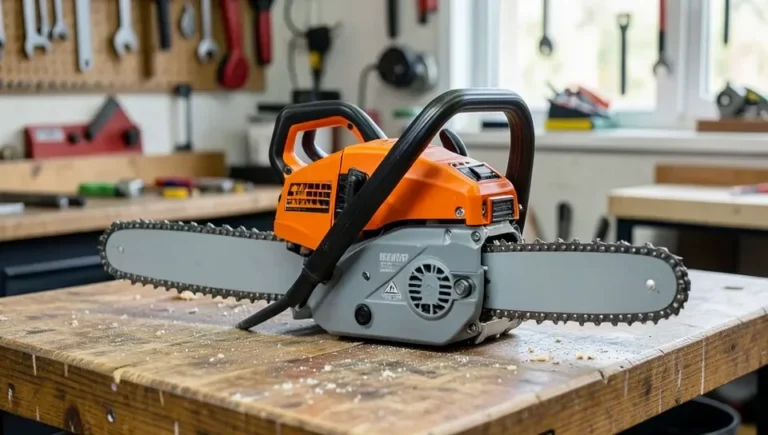 Gas chainsaw on a workbench