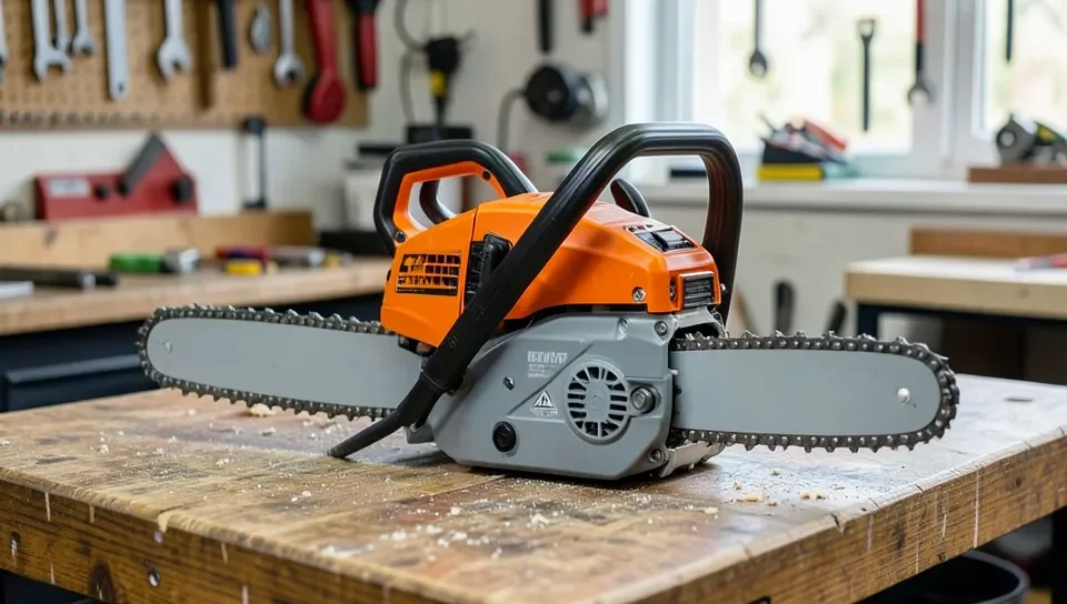 Gas chainsaw on a workbench