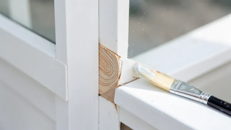 Exposed wood grain at a door jamb corner being primed for exterior protection
