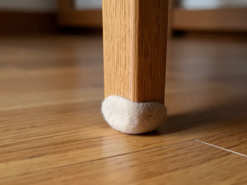 Wood table with a fresh polyurethane finish, felt pads on nearby chair legs