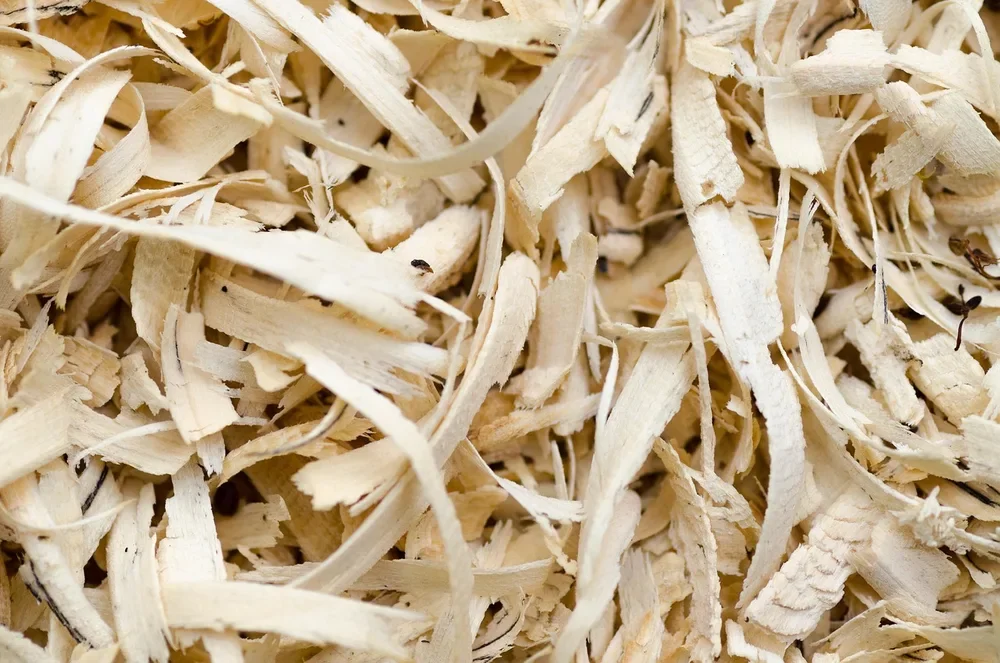 Pale wood shavings and fibers similar to the raw material pressed into fiberboard