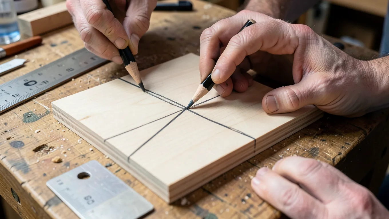 Drawing diagonal lines corner to corner on a rectangular wood board to find its exact center point