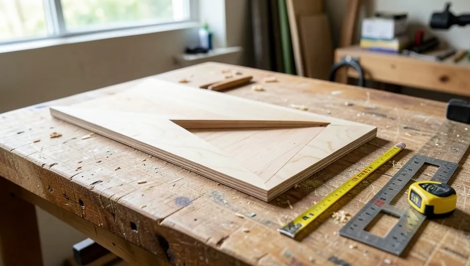 Finished plywood right triangle brace on a workbench next to a tape measure and framing square