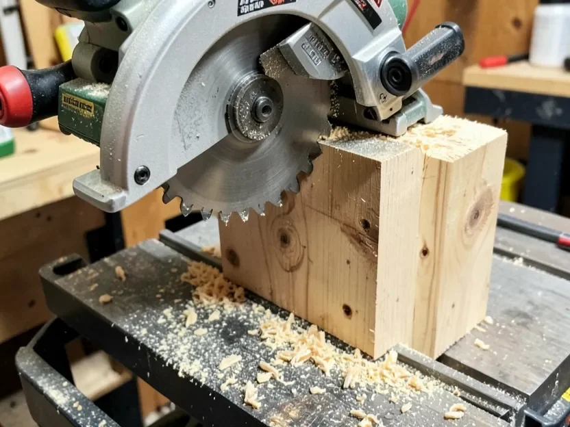 Fixed-head miter saw blade lowered into a 4x4 post without reaching all the way through