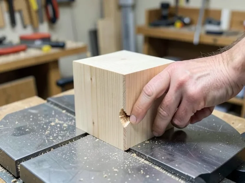 Rotating a 4x4 post to align the saw kerf for a flip-cut on a miter saw table