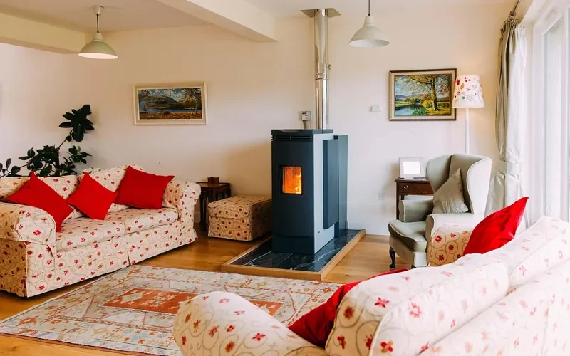 Freestanding stove with a metal flue pipe on a raised hearth pad in a living room
